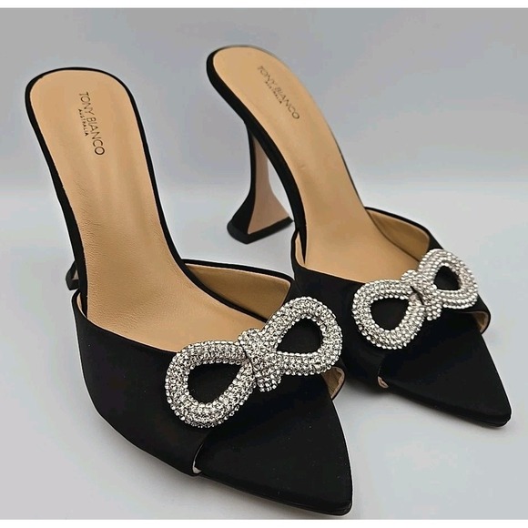 Tony Bianco Montana Mule Heels Black Satin Rhinestone‎ Bow Embellishment Size 8 - Picture 1 of 7